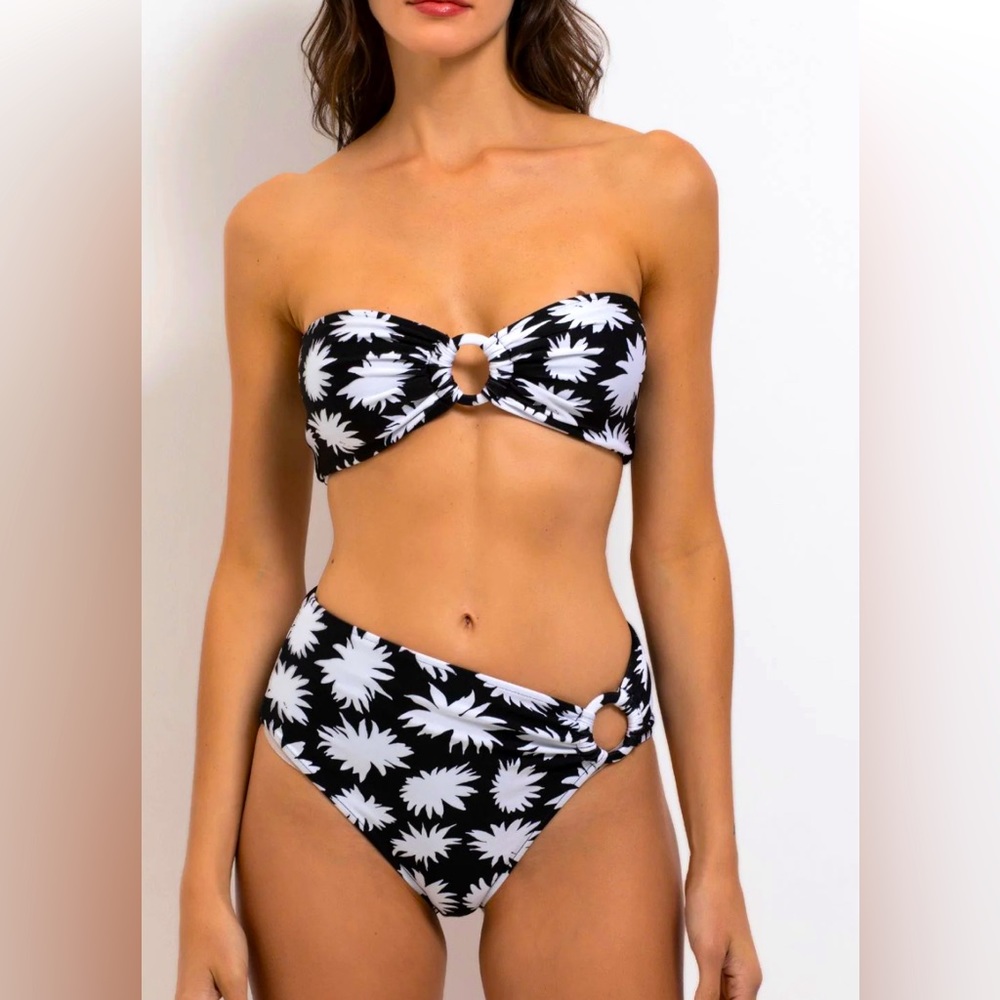 PatBO Dahlia Print Black and White Bandeau High Waist Bikini Set - small